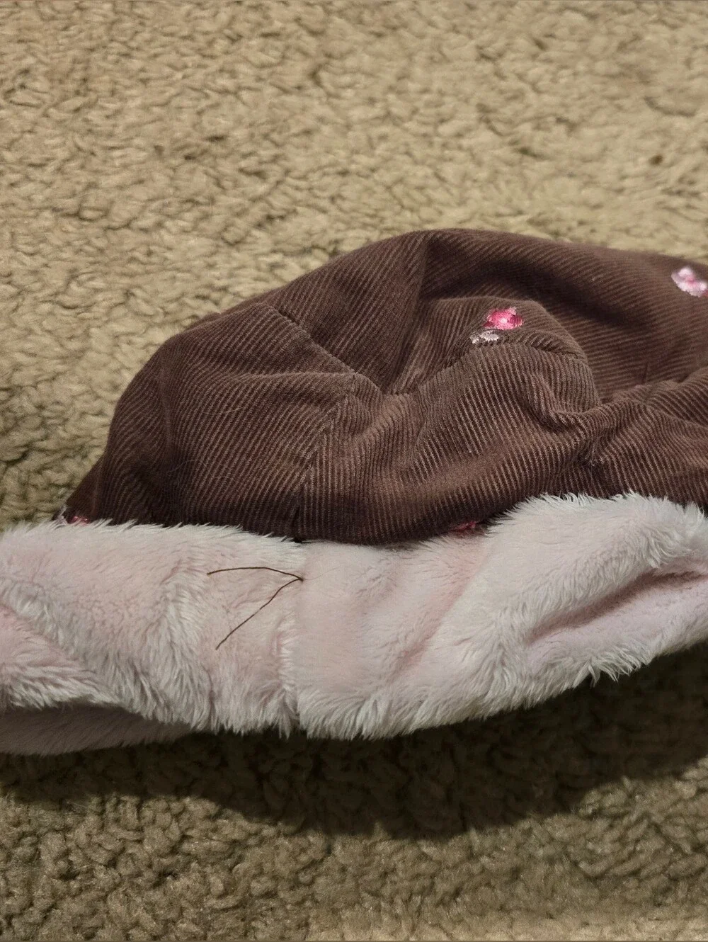 Kids Brown Corduroy Hat with Pink Faux Fur Trim